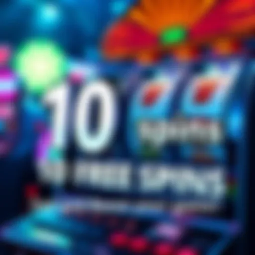 A graphic showing a slot machine with spinning reels and the text promoting 10 free spins