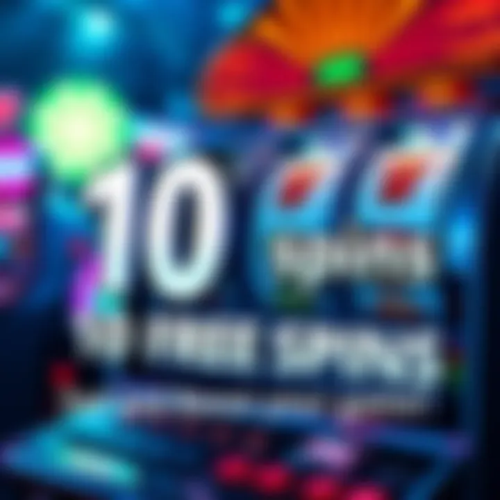 A graphic showing a slot machine with spinning reels and the text promoting 10 free spins