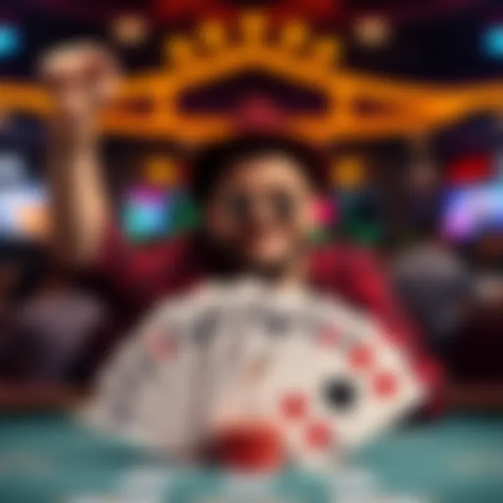 A player celebrating a big win on Fanduel after hitting a 10-Play Dealt Royal, with cards fanned out showing a royal flush and colorful graphics in the background.