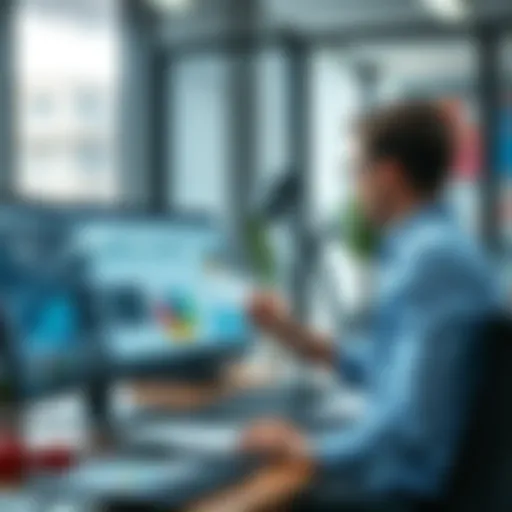 A person analyzing charts and graphs for future trends in a modern office setting