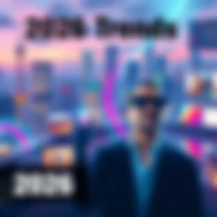 A vibrant city skyline showcasing technology and culture in 2026, with people interacting and new trends evident.