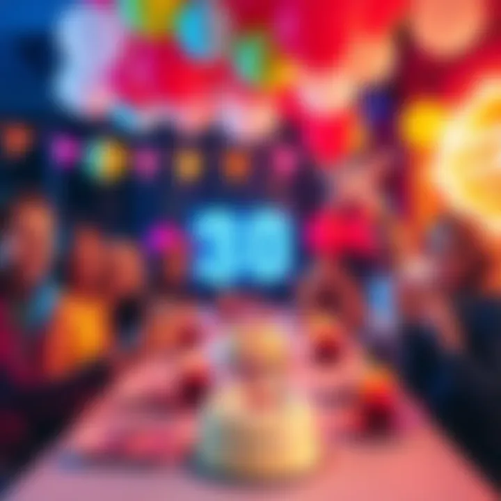 30th birthday celebration in Las Vegas A vibrant scene of a birthday celebration in Las Vegas with balloons, party decorations, and excited friends around a table filled with drinks and a birthday cake.