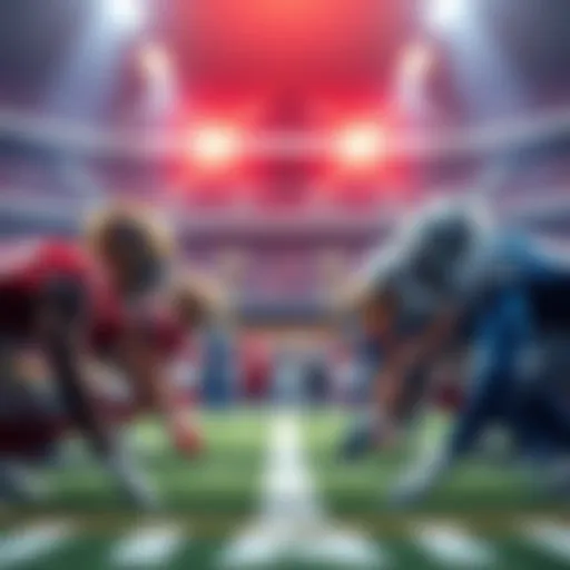 Two football teams on the field ready for a game with fans cheering in the background