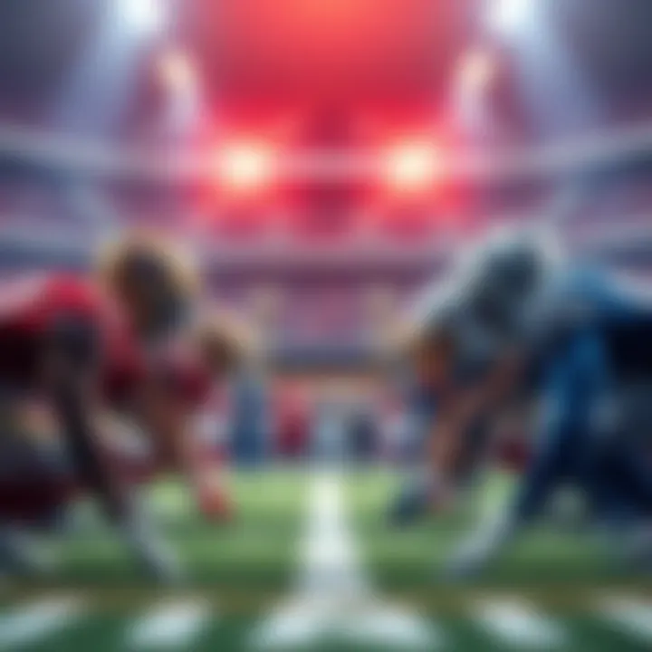 Two football teams on the field ready for a game with fans cheering in the background