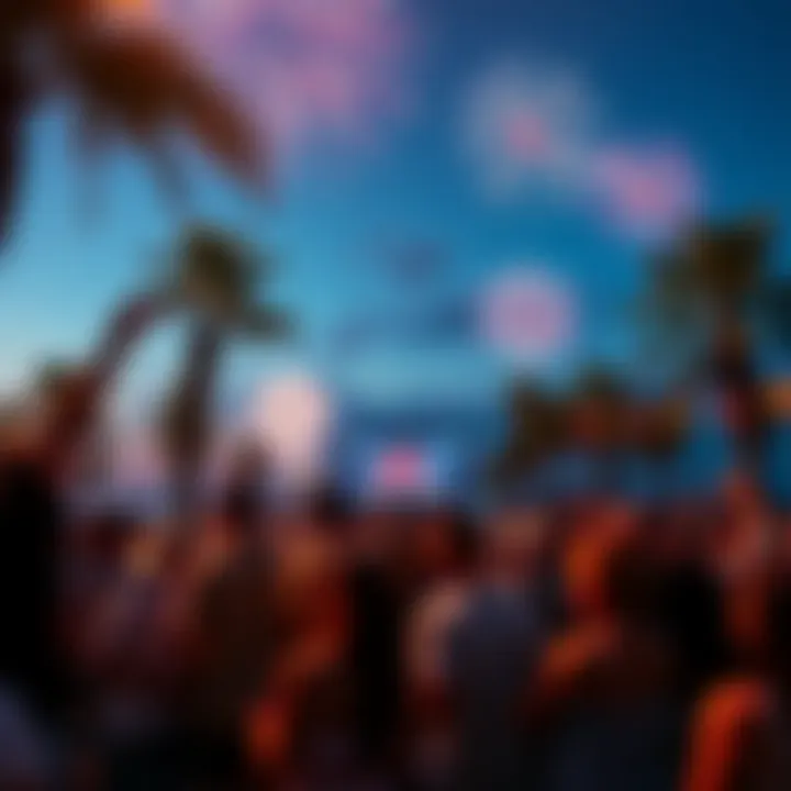 People enjoying a festive Independence Day with palm trees and fireworks in the background
