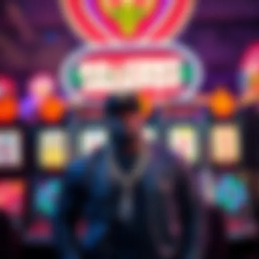 Rapper 50 Cent celebrating his grand jackpot win at The Palms Casino, standing in front of a colorful slot machine with flashing lights.