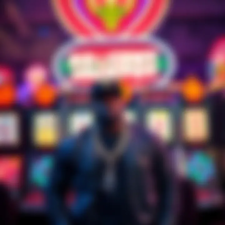 50 Cent Wins Jackpot at The Palms Rapper 50 Cent celebrating his grand jackpot win at The Palms Casino, standing in front of a colorful slot machine with flashing lights.