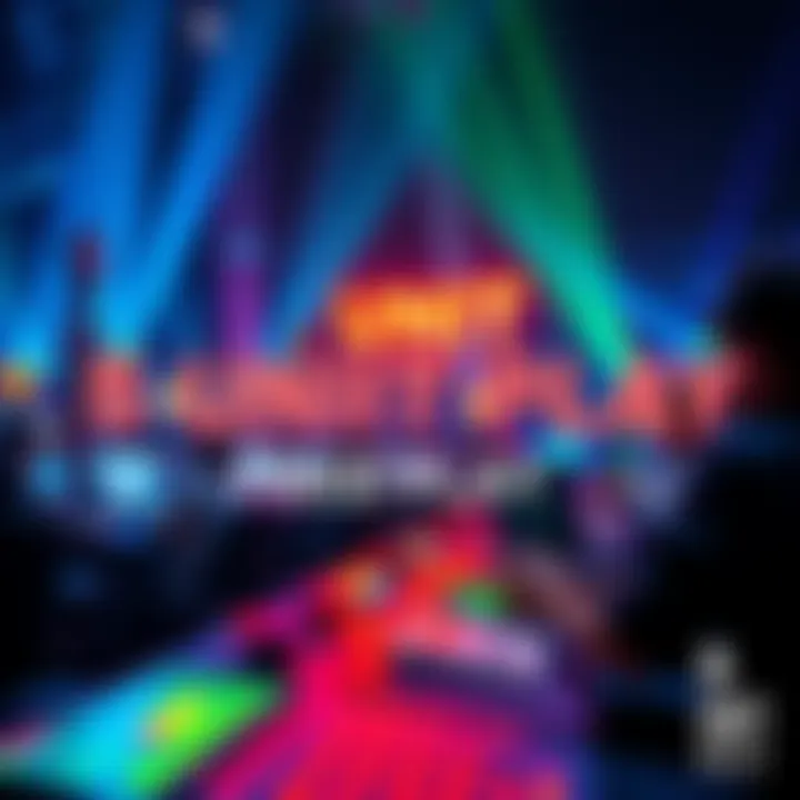 Exciting scene of people playing 5 UNIT MAX FREE PLAY with bright lights and colorful graphics
