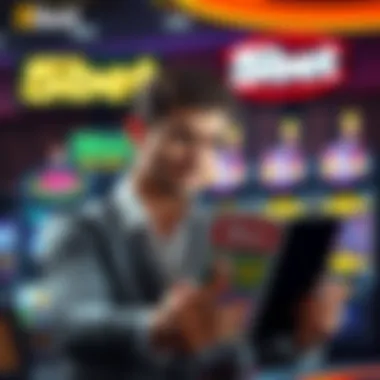 A graphic showing a person looking confused while reading a gambling ad about 5bet's no wagering policy, with slots in the background.