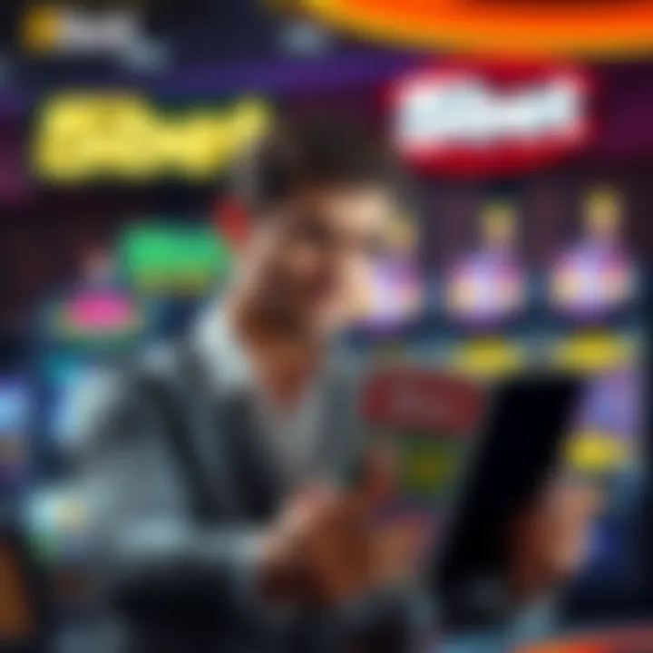 A graphic showing a person looking confused while reading a gambling ad about 5bet's no wagering policy, with slots in the background.