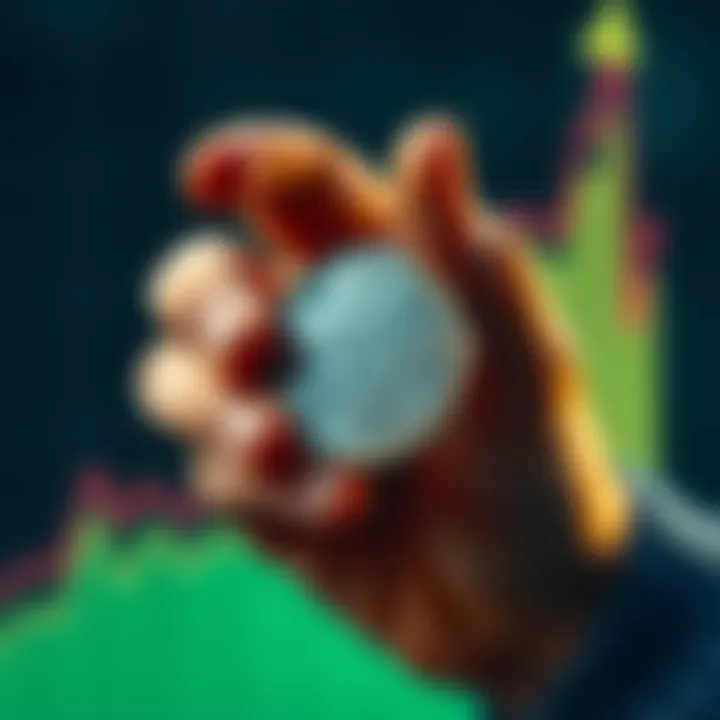 A hand holding 75 cents with a money growth graph in the background A close-up of a hand gripping 75 cents alongside a rising graph symbolizing potential profit growth