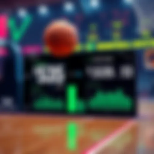 A digital representation of an AI betting bot with basketball graphics, showing winning statistics and betting odds, illustrating successful sports betting