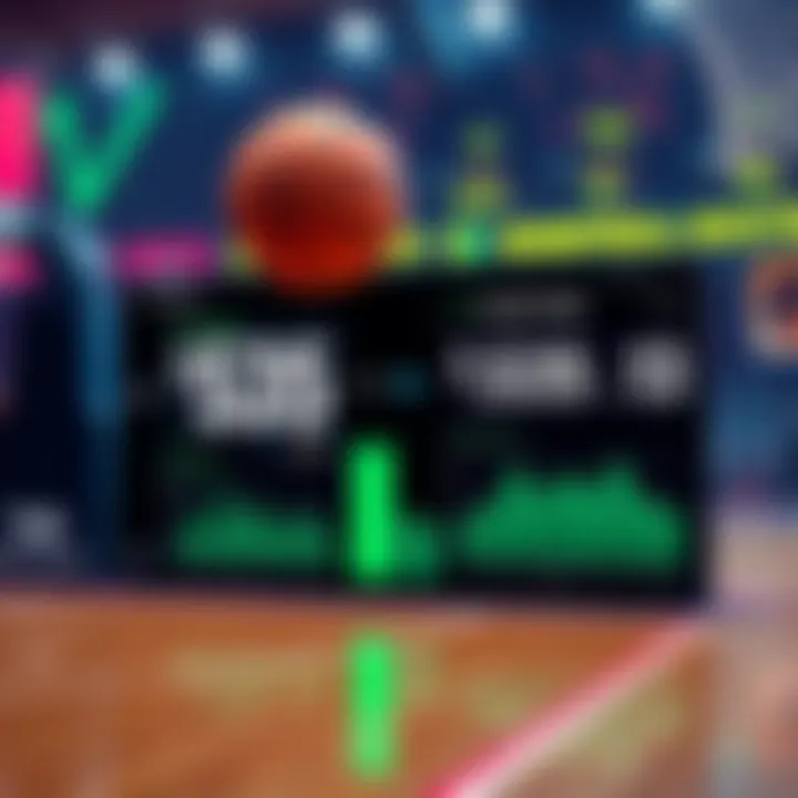 A digital representation of an AI betting bot with basketball graphics, showing winning statistics and betting odds, illustrating successful sports betting