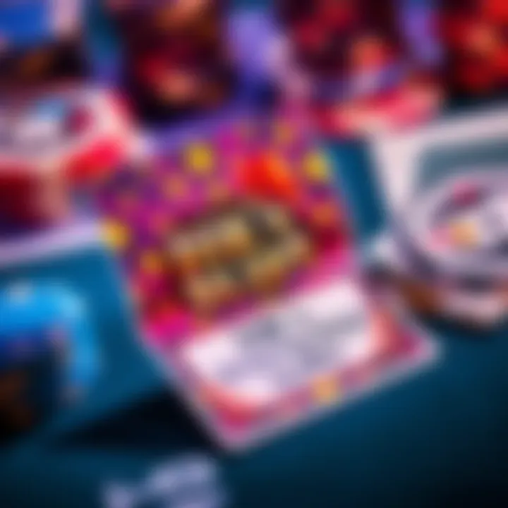 A close-up view of DK's winning slips showcasing their colorful and eye-catching design, placed on a table with gambling chips and cards around them.