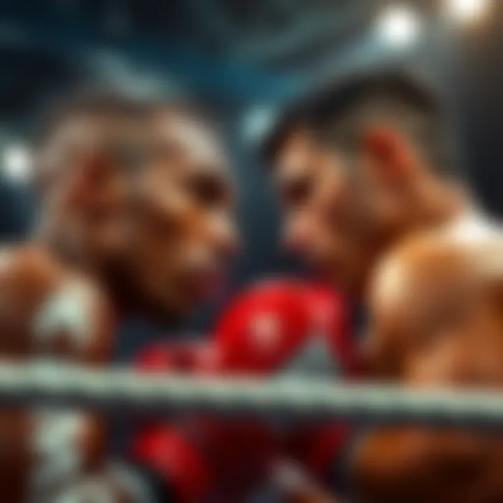 IWO and Pinto in the ring Two fighters IWO and Pinto face off in a boxing ring, ready for their match with focused expressions.