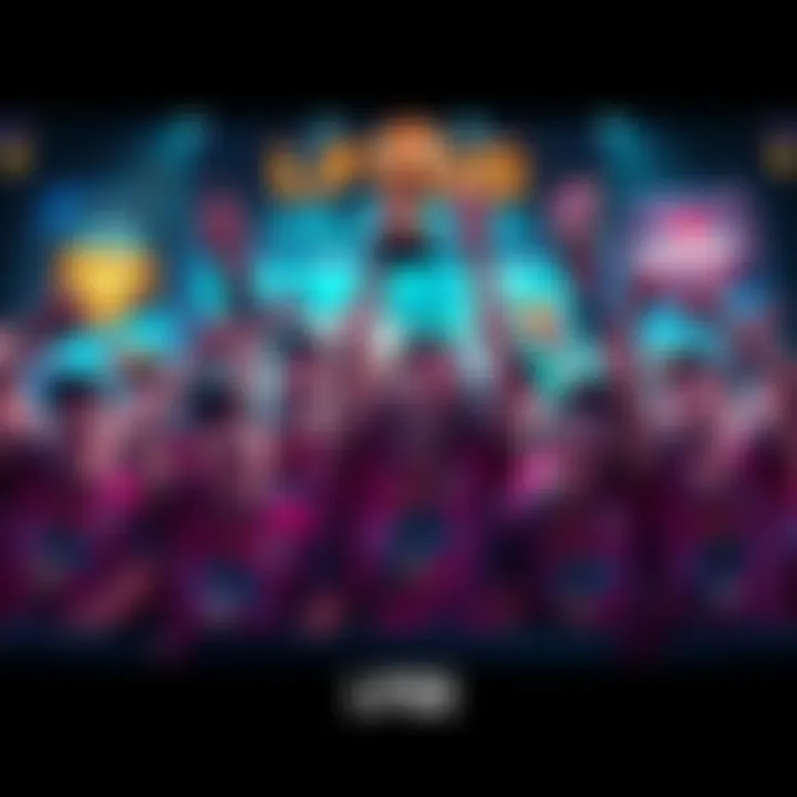 A group of excited gamers celebrating a big win in a gaming competition, with gaming posters and trophies visible in the background.