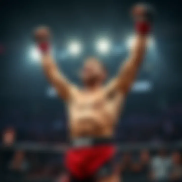 MMA fighter Sean raises his arms in victory, shocked crowd in the background, highlighting a major upset