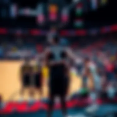 NBA Game Night Basketball players preparing for a game on the court with fans cheering in the background