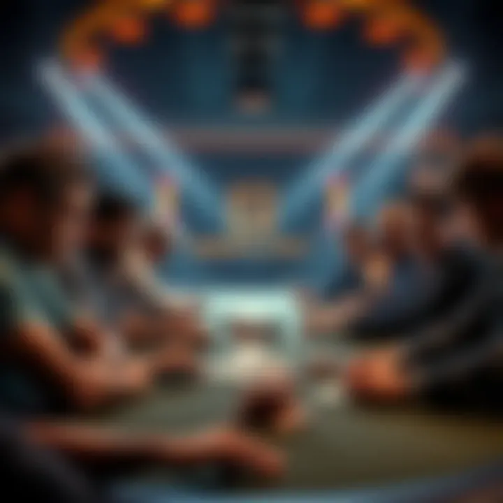 A group of eight players intensely focus on a poker table with cards and chips as a dramatic PLO bomb pot hand unfolds