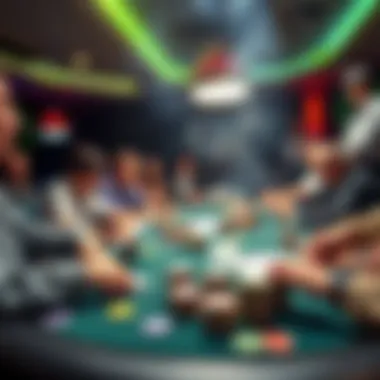 A lively Pot-Limit Omaha cash game scene with players at the table, cards in hand, and chips stacked high. Excitement fills the air as players focus on their strategies.