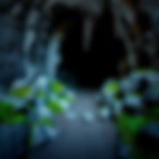 The entrance of an old, dark mine surrounded by rocks and greenery, inviting exploration.
