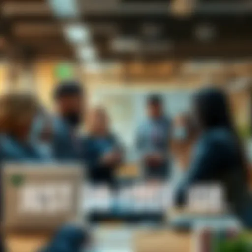 A diverse group of professionals in an office discussing responsibilities and teamwork