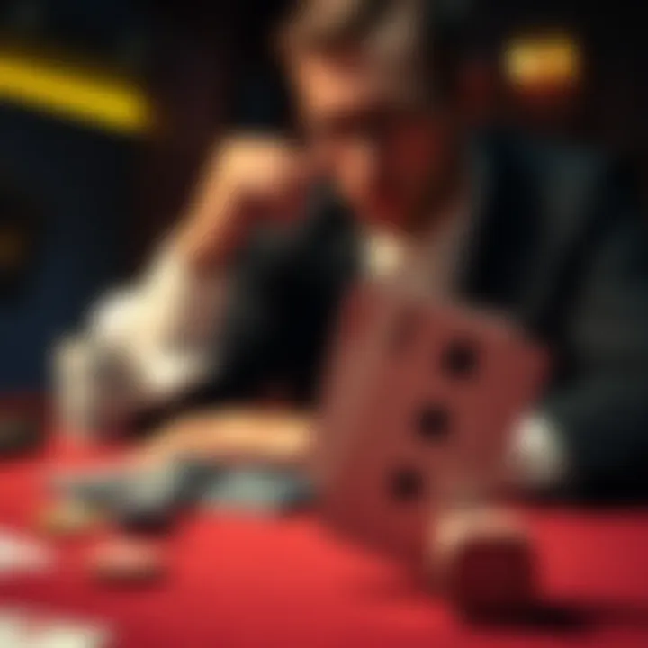 A player contemplating their next move in a poker game with Ace King hand visible, showing chips and cards on the table