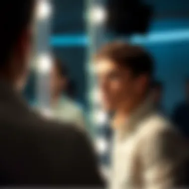 An actor rehearsing lines in front of a mirror, looking focused and determined before an audition.
