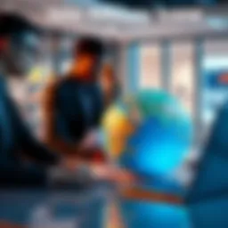 A group of affiliates discussing strategies with a globe and laptops on the table, representing international expansion.