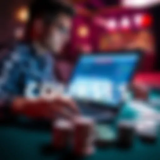 A person studying poker strategies on a laptop with poker chips and cards nearby