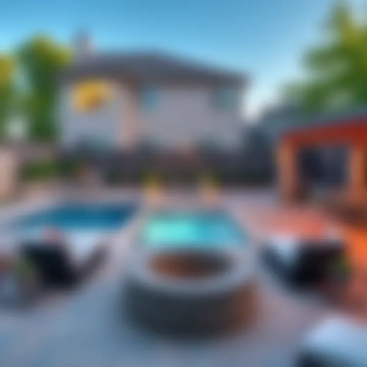 A backyard with a newly built pool surrounded by budget-friendly landscaping and seating, showcasing an inviting space for relaxation.