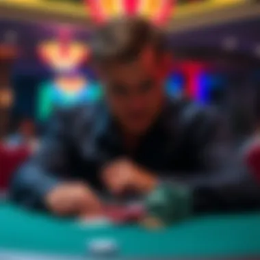 Aggressive poker player at a table A confident poker player showing aggressive behavior at a casino table, with chips and cards in front of him.