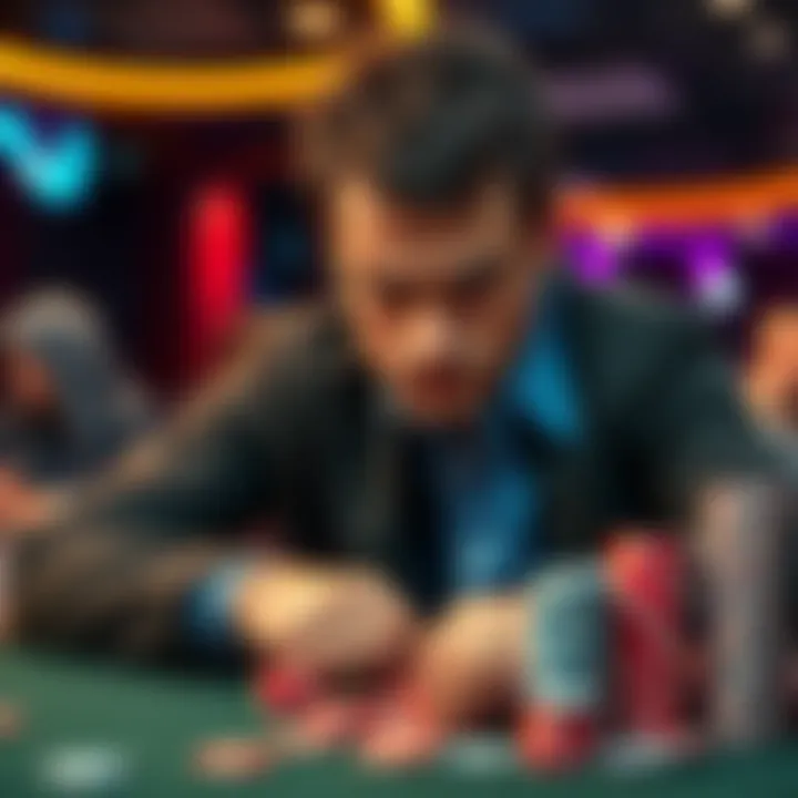 A poker player shows confidence and aggression at the table, focusing intently on their cards and opponents, with chips stacked high in front of them.