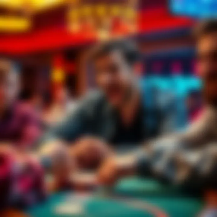 A poker player at a table, celebrating a surprise win and grabbing chips from another player, while the dealer looks surprised