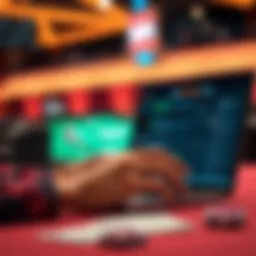 A user interacts with AI betting software for blackjack and baccarat on a laptop, focused on the screen with playing cards visible.