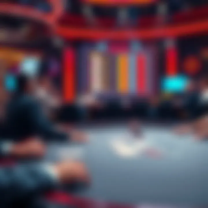 A poker table with players and an AI interface displaying bluff predictions during a World Series of Poker broadcast