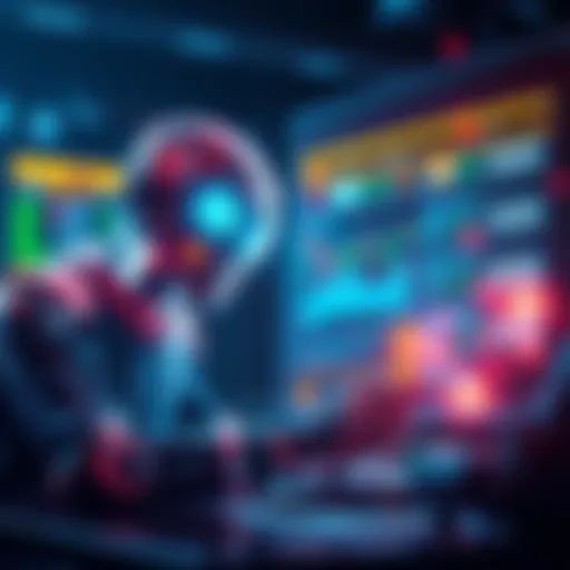 A digital representation of an AI sports betting agent analyzing data with sports icons around it.
