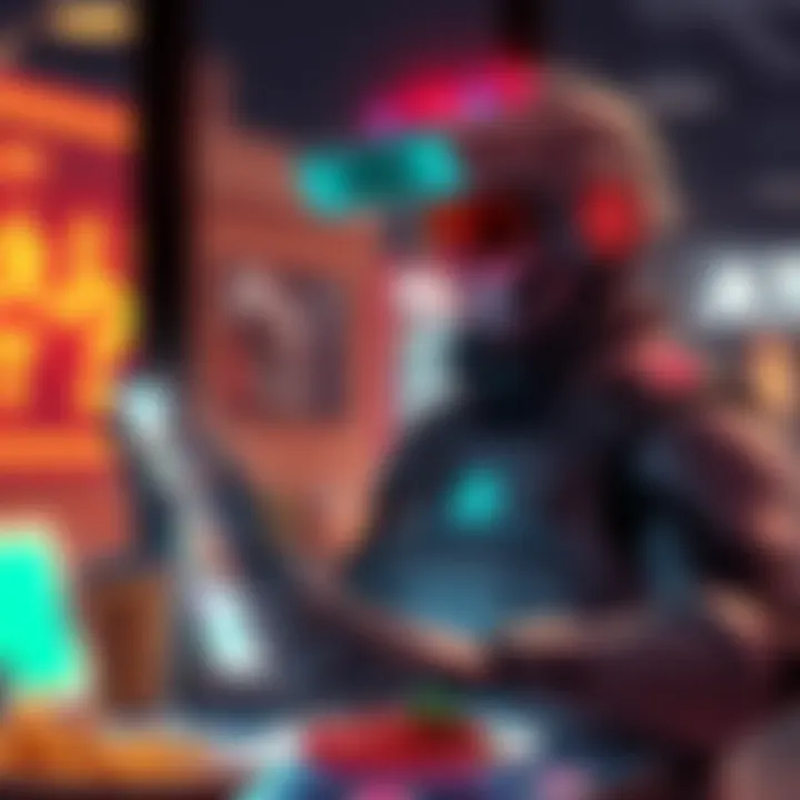 An illustration of a digital steak influencer promoting meat dishes with futuristic technology and social media icons