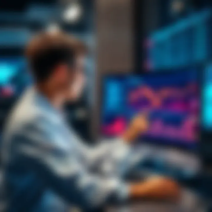 A researcher interacting with an AI tool on a computer, analyzing data and insights visually represented on the screen.