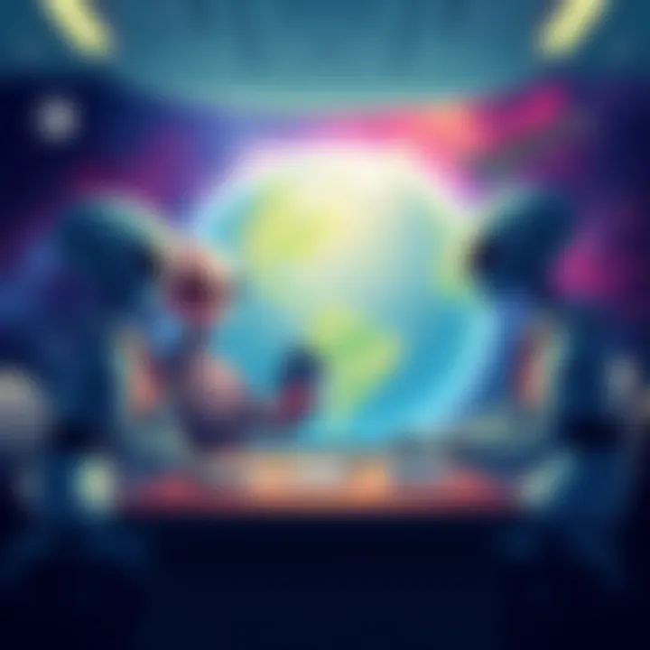 An illustration of aliens happily receiving monthly benefits at a cosmic office with Earth in the background
