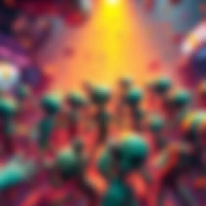 A colorful group of animated aliens dancing in a chaotic mosh pit during a bonus round in a video game setting.