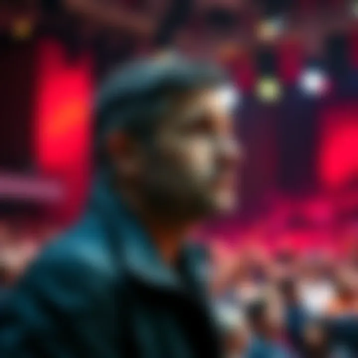 Allen looking thoughtful with a blurred background of fans and a stage, hinting at stepping back from public life