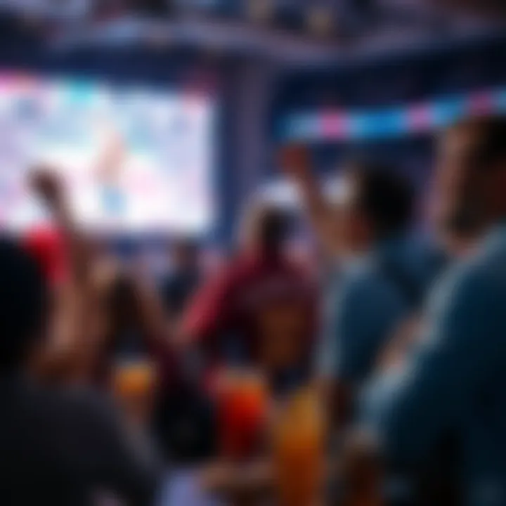 A group of enthusiastic basketball fans cheering while watching the All-Star Game on a large screen, with drinks and snacks nearby