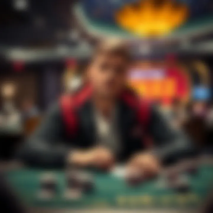 A poker player sitting at a table with poker chips and cards, looking determined while discussing investment opportunities for a main event entry.