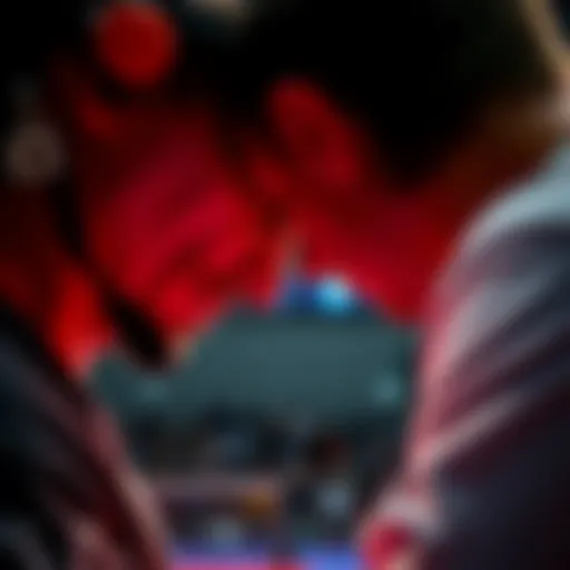 A professional competitor observes an opponent's throat during a match, looking for tells and indicators.