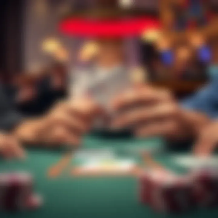 A close-up of hands holding cards over a playing table, reflecting on game decisions.