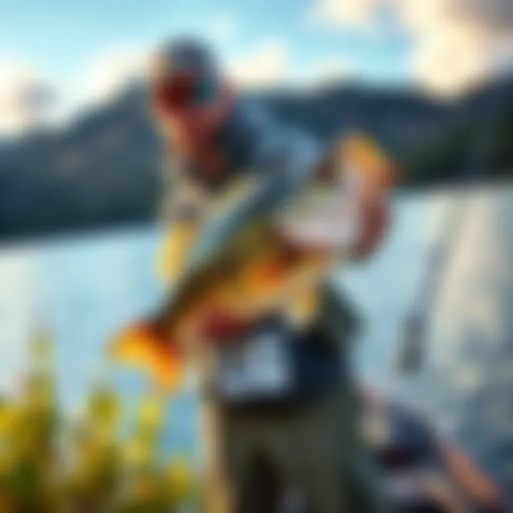 A person proudly holding a large bass fish at a scenic fishing spot, surrounded by nature.