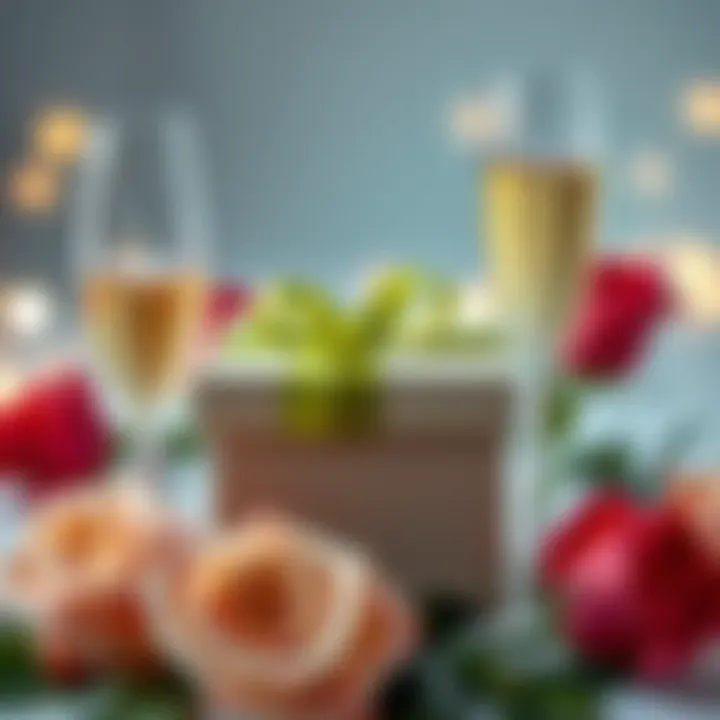 A beautifully wrapped gift box with a ribbon, surrounded by roses and a glass of champagne, representing unique anniversary gifts for a wife.