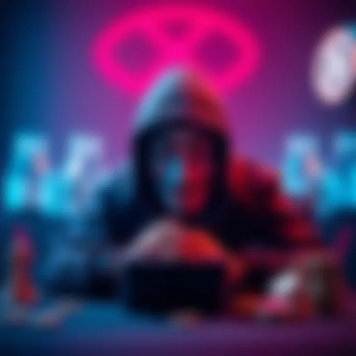 A graphic showing a playful gaming scene with tokens and a masked gamer, symbolizing anonymous online gaming.