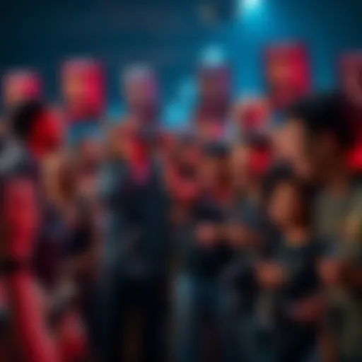 A group of enthusiastic fans discussing the upcoming pre-release with excitement and anticipation, surrounded by posters and merchandise